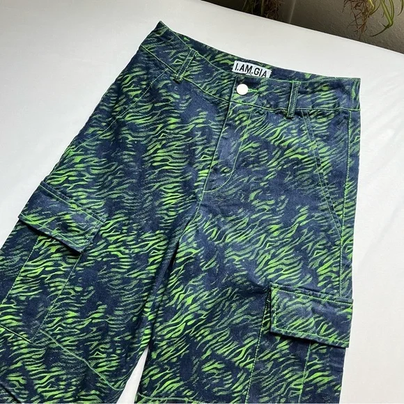 I AM GIA blue denim green zebra animal cargo wide leg pants jeans